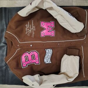 Brown and Cream Varsity Jacket with Pink Lettering